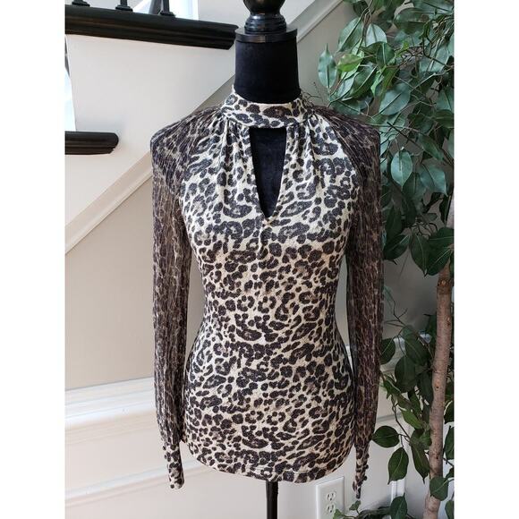 Fever Top Blouse XS Leopard Print Black & Beige Casual Mesh Sleeve Halter Neck - Picture 2 of 12